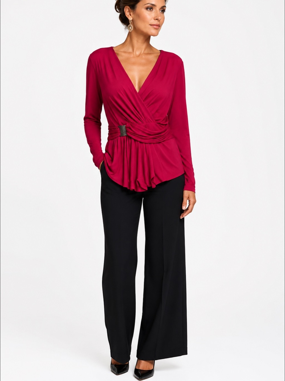 Joseph Ribkoff Berry Red Draped Wrap Buckle Top Size 12